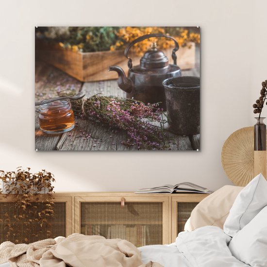 MuchoWow® Peinture sur verre 80x60 cm - Peinture sur verre acrylique - Thee - Théière - Herbes - Photo sur verre - Peintures