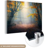 MuchoWow® Glasschilderij 90x60 cm - Schilderij acrylglas - Bos - Mist - Herfst - Foto op glas - Schilderijen