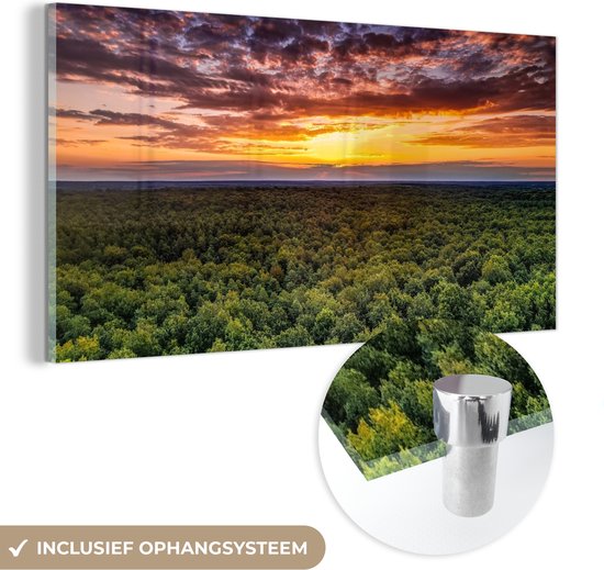 MuchoWow - Glasschilderij - Foto op glas - Bos - Wolken - Avond - Zonsondergang - Schilderij glas - Acrylglas - 160x80 cm - Wanddecoratie - Glasschilderij binnen - Glasschilderij natuur