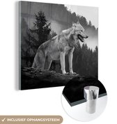 MuchoWow® Glasschilderij 90x90 cm - Schilderij acrylglas - Wolf - Bos - Zwart - Wit - Foto op glas - Schilderijen