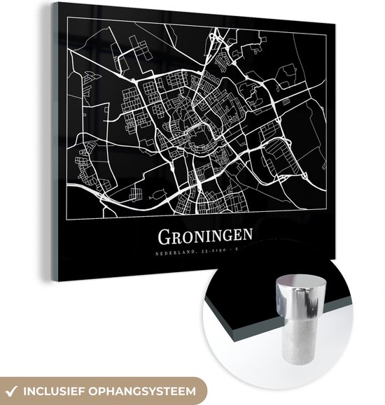 MuchoWow® Glasschilderij 40x30 cm - Schilderij acrylglas - Groningen - Plattegrond - Kaart - Stadskaart - Foto op glas - Schilderijen