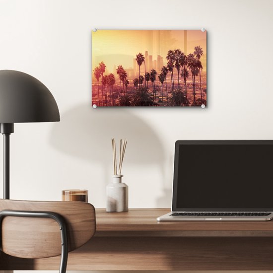 MuchoWow - Peinture sur verre - Photo sur verre - Palmier - Los Angeles - Skyline - Verre acrylique - 30x20 cm - Peinture sur verre ville - Peinture sur verre - Décoration murale - Peintures salon