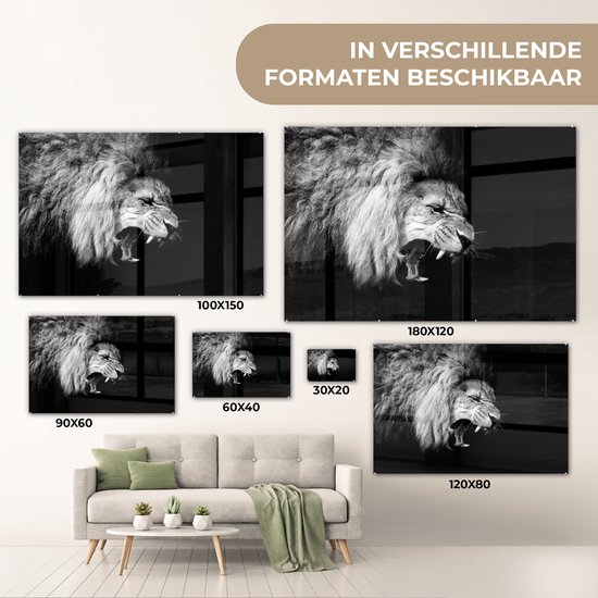 Peinture sur verre - Photo sur verre - Verre acrylique - Animaux - Lion - Zwart - Wit - 180x120 cm - Décoration de chambre - Peinture sur verre animaux - Décoration murale verre - Peinture sur verre lion