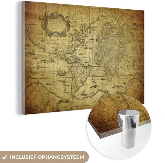 Peinture sur verre - Wereldkaart - Vintage - Histoire - 180x120 cm - Peintures en plexiglas