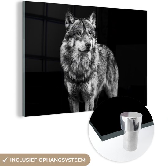 Glasschilderij - Foto op glas - Acrylglas - Wilde dieren - Wolf - Zwart-wit - Slaapkamer - 180x120 cm - Glasschilderij dieren - Muurdecoratie glas - Glasschilderij wolf - Kamer decoratie