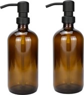 2 stuks amberkleurige dikglazen zeepdispenser 500 ml glas met zwarte roestvrijstalen pomp dispenser voor vloeibare zeep voor badkamer