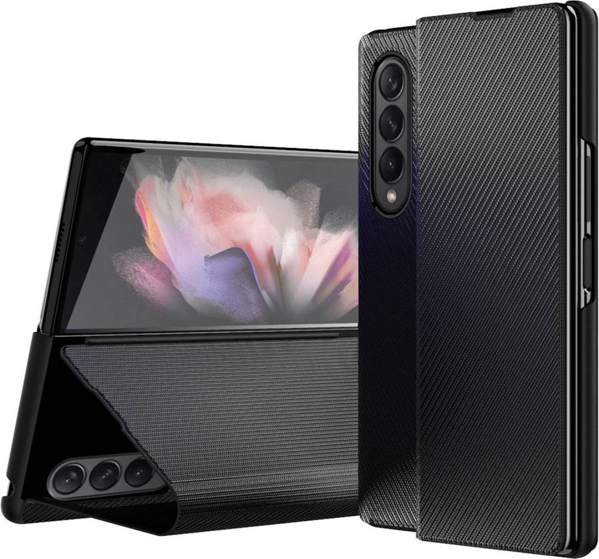 Geschikt voor Samsung Galaxy Z Fold 4 Kevlar Book Case Hoesje Kunstleer Zwart