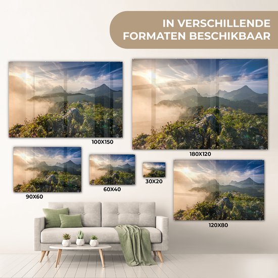 MuchoWow® Peinture sur Verre - Berg dans la brume - 90x60 cm - Peintures sur Verre Acrylique - Photo sur Glas