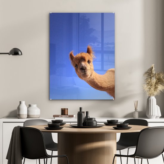 MuchoWow® Peinture sur verre 60x80 cm - Peinture sur verre acrylique - Alpaga - Marron - Blauw - Photo sur verre - Peintures