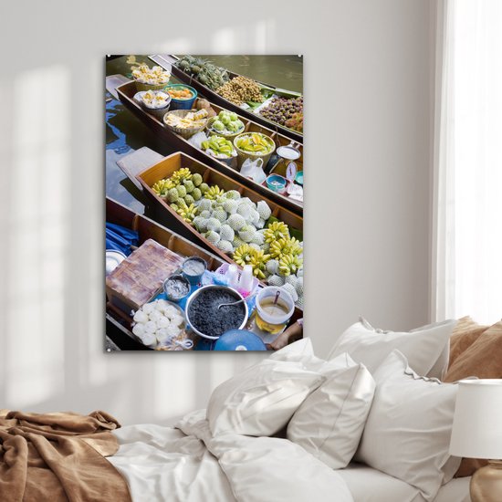 Peinture sur verre MuchoWow® 80x120 cm - Peinture acrylique sur verre - Bateaux flottants au marché en Thaïlande - Photo sur verre - Peintures
