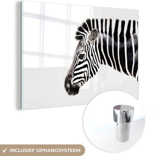 MuchoWow® Glasschilderij 120x80 cm - Schilderij acrylglas - Zebra - Dieren - Wit - Foto op glas - Schilderijen