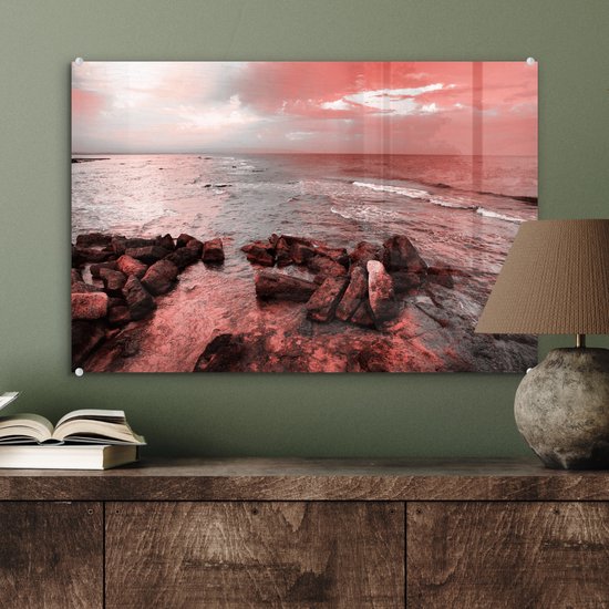 Peinture sur verre MuchoWow® - Rochers au bord de l'eau - 60x40 cm - Peintures sur verre acrylique - Photo sur Glas