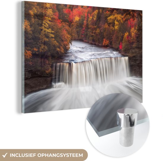 MuchoWow® Glasschilderij 120x80 cm - Schilderij acrylglas - Waterval in een bos - Foto op glas - Schilderijen