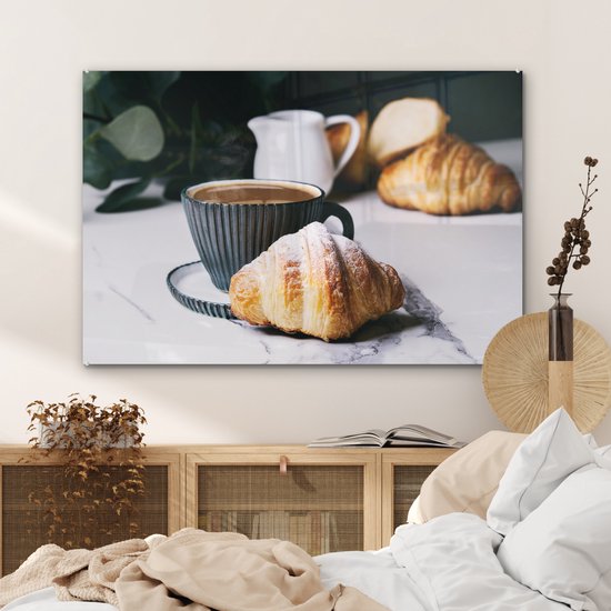 MuchoWow® Peinture sur verre 90x60 cm - Peinture sur verre acrylique - Croissant avec une tasse de café - Photo sur verre - Peintures