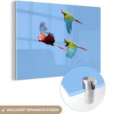 Trois aras volants Glas 60x40 cm - Tirage photo sur Glas (décoration murale plexiglas)
