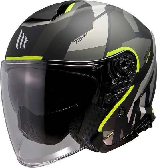 Casque jet MT Helmets noir avec motif camouflage gris, blanc et jaune et visière. "T3 JET" est visible.
