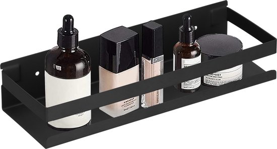 Zwarte metalen doucheplank met dubbele rand, gevuld met diverse cosmeticaproducten.