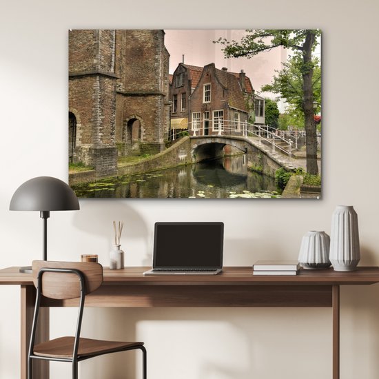 MuchoWow® Peinture sur verre 90x60 cm - Peinture sur verre acrylique - Pont - Water - Delft - Photo sur verre - Peintures