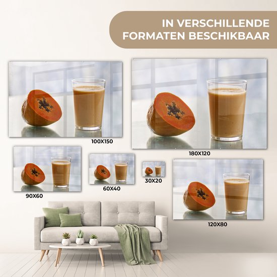 ® Glasschilderij 150x100 cm - Schilderij acrylglas - Papajasmoothie gemaakt van een stuk papaja fruit - Foto op glas - Muurdecoratie woonkamer - Wanddecoratie slaapkamer - Schilderijen
