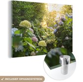 MuchoWow® Glasschilderij 60x40 cm - Schilderij acrylglas - Gele hortensia's in de tuin - Foto op glas - Schilderijen
