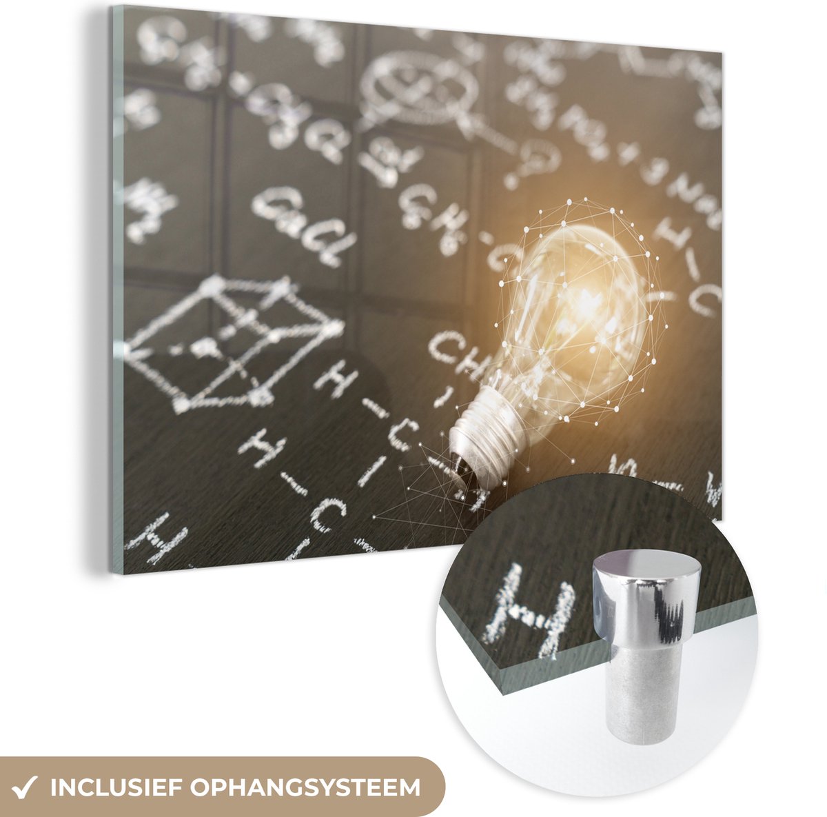 ® Glasschilderij 180x120 cm - Schilderij acrylglas - Gloeilamp op een schoolbord met formu