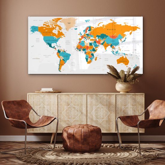 MuchoWow® Peinture sur verre 160x80 cm - Peinture sur verre acrylique - Wereldkaart - Atlas - Couleurs - Photo sur verre - Peintures