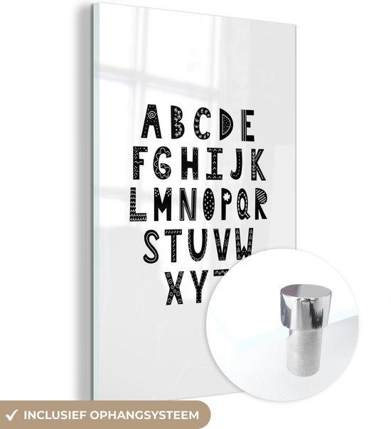 MuchoWow® Glasschilderij 120x180 cm - Schilderij acrylglas - Illustratie alfabet zwarte letters op een witte achtergrond - Foto op glas - Schilderijen
