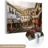 MuchoWow® Glasschilderij 90x60 cm - Schilderij acrylglas - Straten van oude stad in Albanië - Foto op glas - Schilderijen