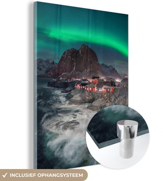 MuchoWow® Glasschilderij 60x80 cm - Schilderij acrylglas - Noorwegen - Noorderlicht - Zee - Foto op glas - Schilderijen