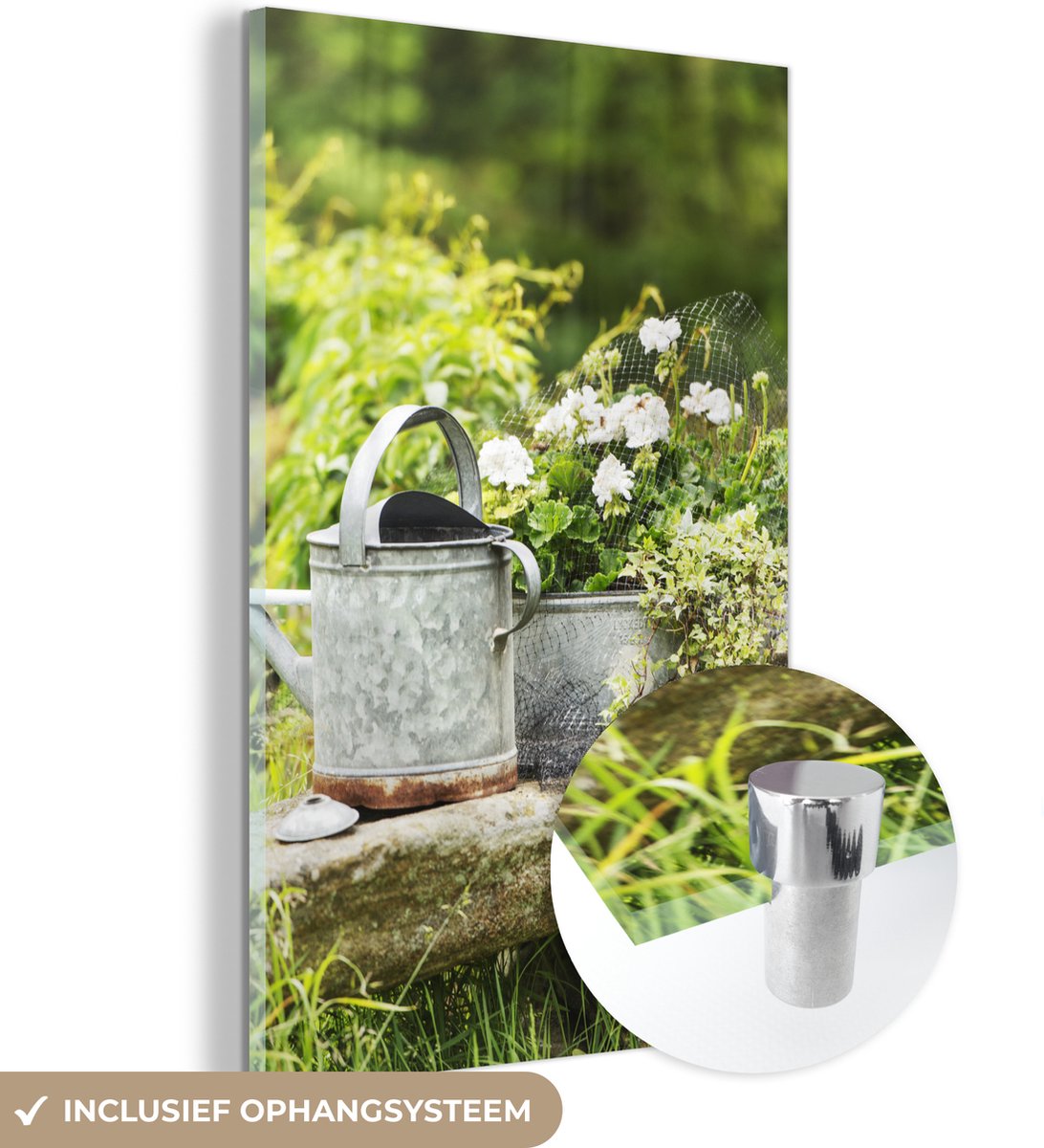 ® Glasschilderij 20x30 cm - Schilderij acrylglas - Gieter - Bloemen - Tuin - Foto op glas 
