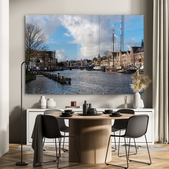 ® Glasschilderij 150x100 cm - Schilderij acrylglas - Brug - Haarlem - Centrum - Foto op glas - Muurdecoratie woonkamer - Wanddecoratie slaapkamer - Schilderijen