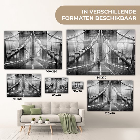 MuchoWow® Glasschilderij 150x100 cm - Schilderij acrylglas - Brooklyn brug tijdens de regen in zwart-wit - Foto op glas - Schilderijen