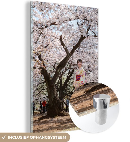 MuchoWow® Glasschilderij 120x180 cm - Schilderij acrylglas - Japanse vrouw staat onder een kersenbloesem boom met een kimono - Foto op glas - Schilderijen