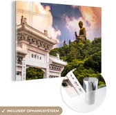 MuchoWow® Glasschilderij 150x100 cm - Schilderij acrylglas - Kleurrijke afbeelding met de Tian Tan Boeddha - Foto op glas - Schilderijen