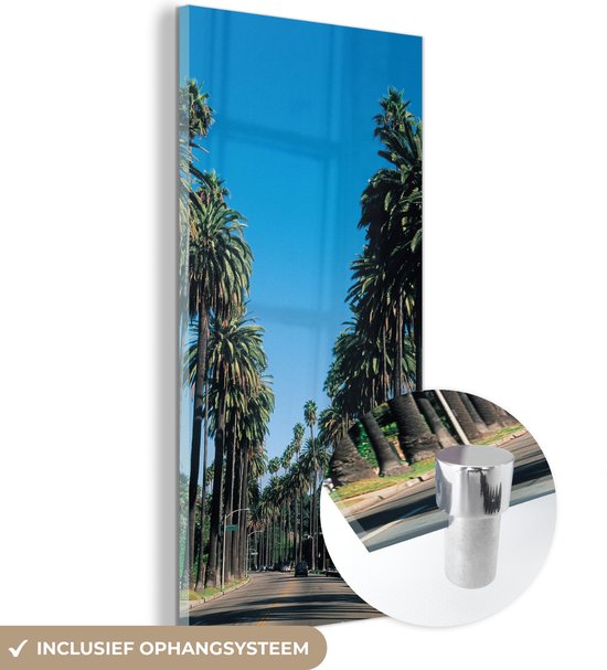 MuchoWow® Glasschilderij 40x80 cm - Schilderij acrylglas - De rijen met lage palmbomen langs de straat - Foto op glas - Schilderijen