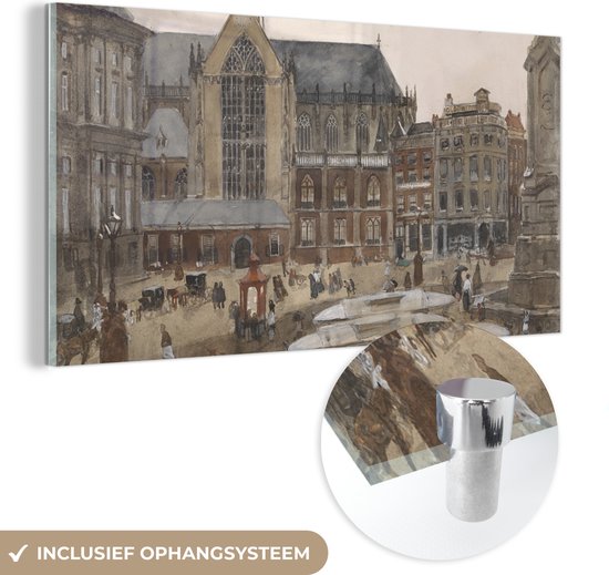 MuchoWow® Glasschilderij 40x20 cm - Schilderij acrylglas - De Dam te Amsterdam - Schilderij van George Hendrik Breitner - Foto op glas - Schilderijen