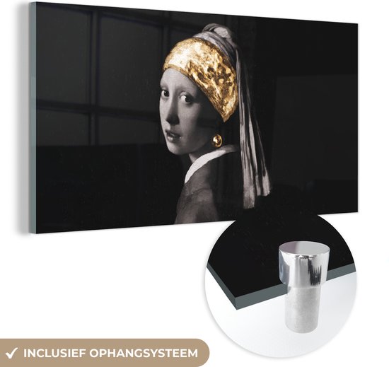 MuchoWow® Glasschilderij 160x80 cm - Schilderij acrylglas - Meisje met de parel - Goud - Zwart - Wit - Foto op glas - Schilderijen