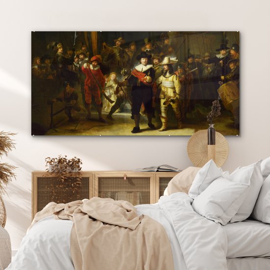 MuchoWow® Glasschilderij 160x80 cm - Schilderij acrylglas - De Nachtwacht - Rembrandt van Rijn - Foto op glas - Schilderijen