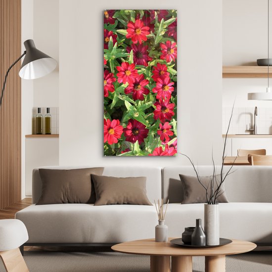 MuchoWow® Glasschilderij 60x120 cm - Schilderij acrylglas - Rode zinnia bloemen tijdens een zonnige dag - Foto op glas - Schilderijen