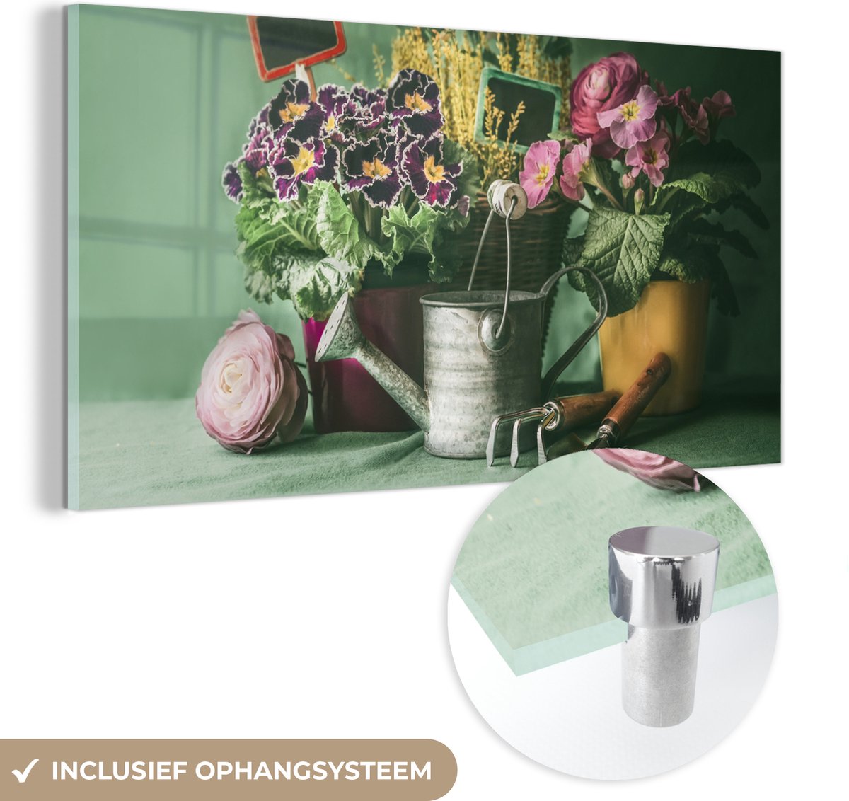 ® Glasschilderij 40x20 cm - Schilderij acrylglas - Tuinieren - Gieter - Bloemen - Foto op 