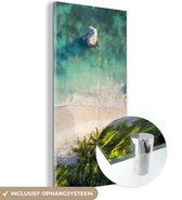 MuchoWow® Glasschilderij 20x40 cm - Schilderij acrylglas - Een groep palmbomen aan de zee van bovenaf - Foto op glas - Schilderijen