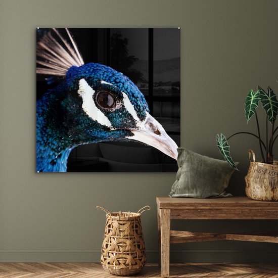 ® Glasschilderij 90x90 cm - Schilderij acrylglas - Pauw - Dier - Blauw - Foto op glas - Muurdecoratie woonkamer - Wanddecoratie slaapkamer - Schilderijen