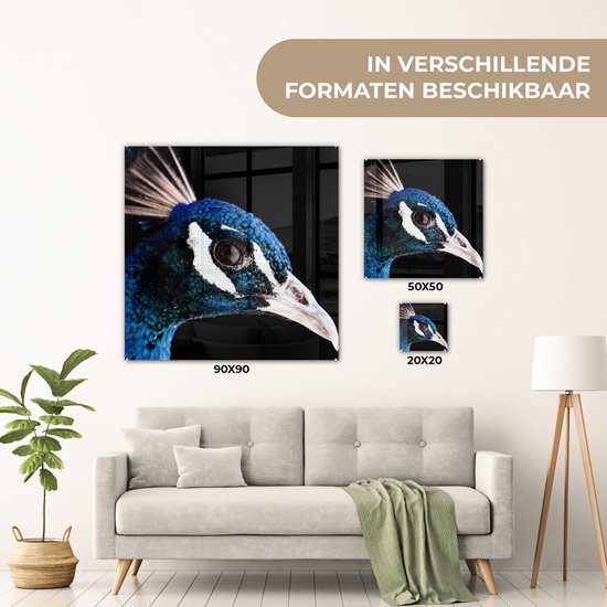 ® Glasschilderij 90x90 cm - Schilderij acrylglas - Pauw - Dier - Blauw - Foto op glas - Muurdecoratie woonkamer - Wanddecoratie slaapkamer - Schilderijen