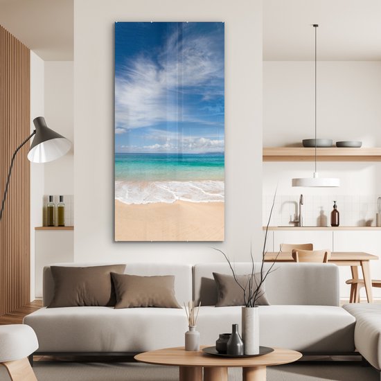 MuchoWow® Peinture sur verre 80x160 cm - Peinture sur verre acrylique - Une plage tropicale à Hawaï où les vagues s'échouent - Photo sur verre - Peintures