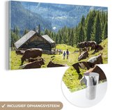 MuchoWow® Glasschilderij 160x80 cm - Schilderij acrylglas - Boerderij in de bergen van Oostenrijk - Foto op glas - Schilderijen