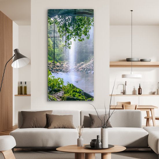 MuchoWow® Peinture sur Verre - Jungle - Forêt Tropicale - Water - Cascade - Plantes - 80x160 cm - Peintures sur Verre Acrylique - Photo sur Glas
