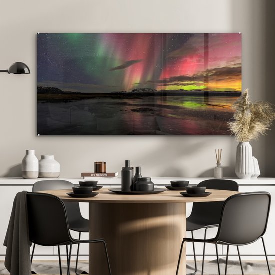MuchoWow® Peinture sur verre 120x60 cm - Peinture sur verre acrylique - Aurores boréales - Islande - Couleurs - Photo sur verre - Peintures