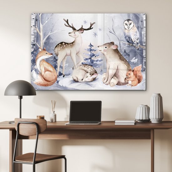 MuchoWow® Peinture sur Verre - Hiver - Animaux - Neige - 120x80 cm - Peintures sur Verre Acrylique - Photo sur Glas