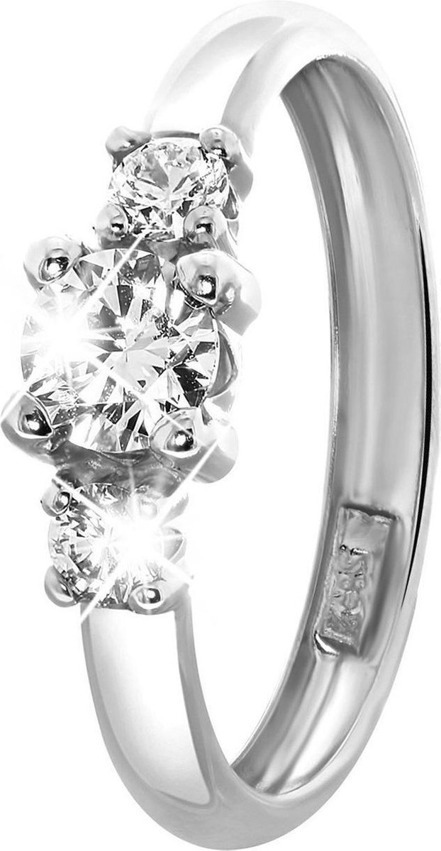 Lucardi Dames Ring met 3 zirkonia stenen - Ring - Cadeau - 14 Karaat Goud - Witgoud