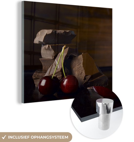 MuchoWow® Glasschilderij 50x50 cm - Schilderij acrylglas - Kersen - Chocolade - Zwart - Foto op glas - Schilderijen